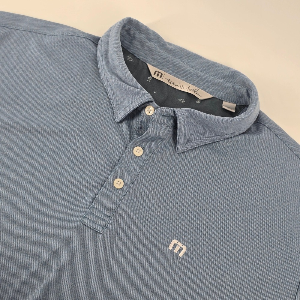 TravisMathew Polo Shirt Men XL Blue Short Sleeve Pique Golf Logo 3-Button